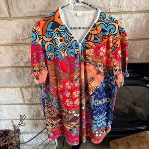 Plus Size Women’s Multicolor Abstract Floral Blouse Zipper Closure 1X